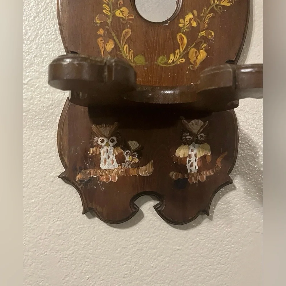 Vintage Handmade Ozark Wood Mirror Wall Sconce Shelf Owl Painted Rustic Candle